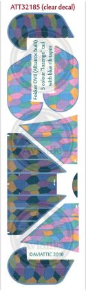 1:32 (Clear decal paper) Fokker DVII (Albatros built) 5 colour “lozenge” tail with blue rib tapes