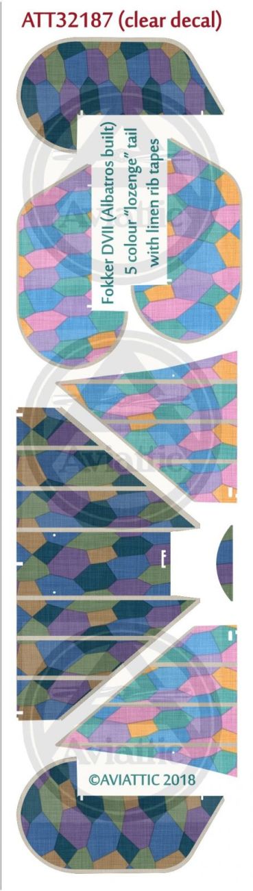 1:32 (Clear decal paper) Fokker DVII (Albatros built) 5 colour “lozenge” tail with linen rib tapes