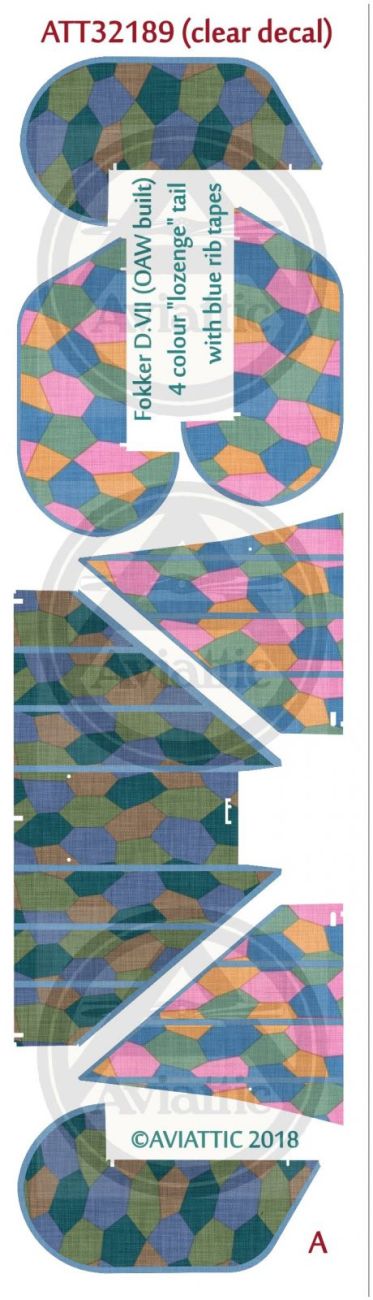 1:32 (Clear decal paper) Fokker DVII (OAW built) 4 colour “lozenge” tail with blue rib tapes