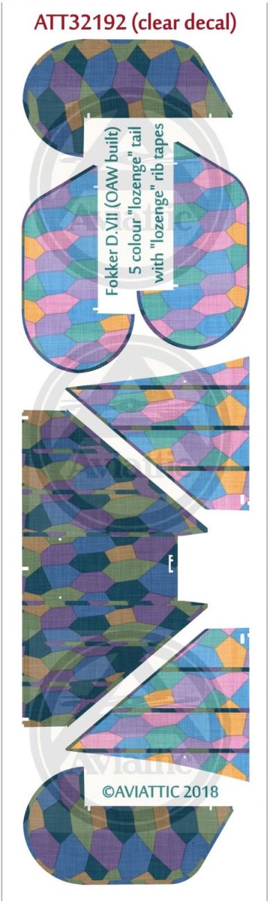 1:32 (Clear decal paper) Fokker DVII (OAW built) 5 colour “lozenge” tail with lozenge rib tapes