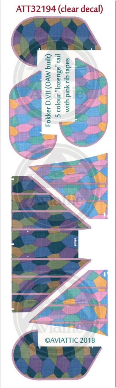 1:32 (Clear decal paper) Fokker DVII (OAW built) 5 colour “lozenge” tail with pink rib tapes