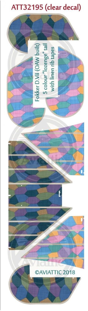 1:32 (Clear decal paper) Fokker DVII (OAW built) 5 colour “lozenge” tail with linen rib tapes