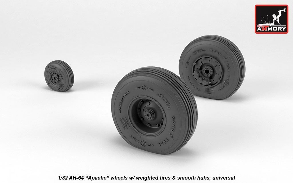 1:32 AH-64 Apache wheels w/ weighted tires, smooth hubs