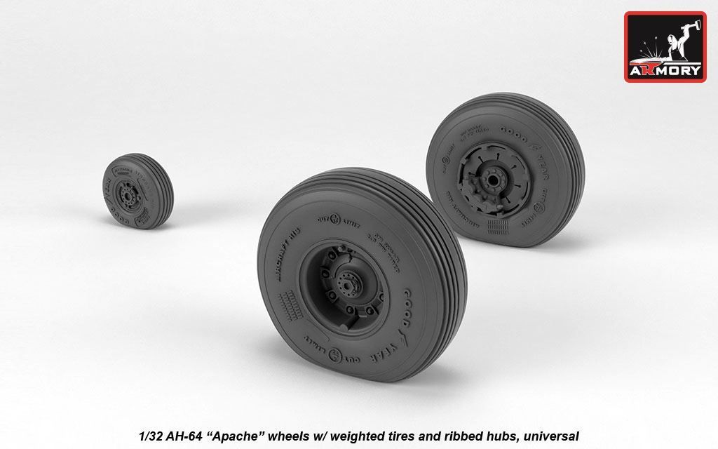 1:32 AH-64 Apache wheels w/ weighted tires, spoked hubs