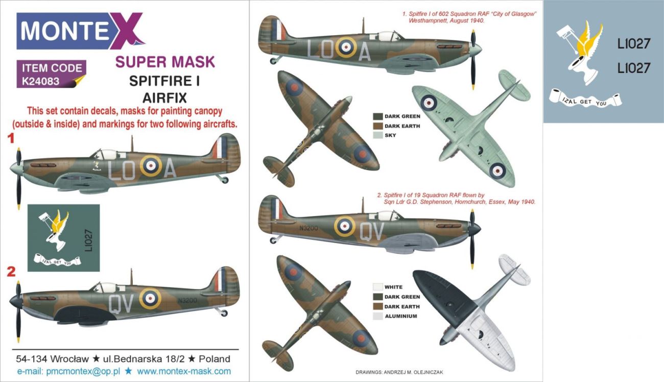 1:24 Supermarine Spitfire Mk.I 2 canopy mask (inside and outside canopy frame mask)