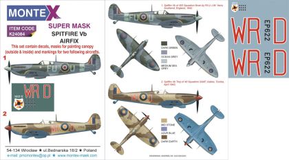1:24 Supermarine Spitfire Mk.Vb 2 canopy mask (inside and outside canopy frame mask)