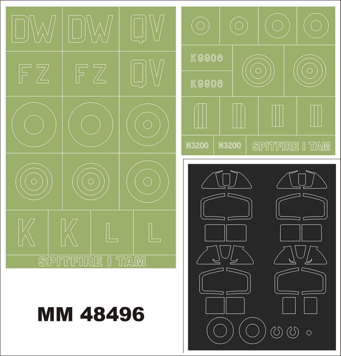 1:48 Supermarine Spitfire Mk.1 2 canopy masks (outside & inside) + 2 insignia masks