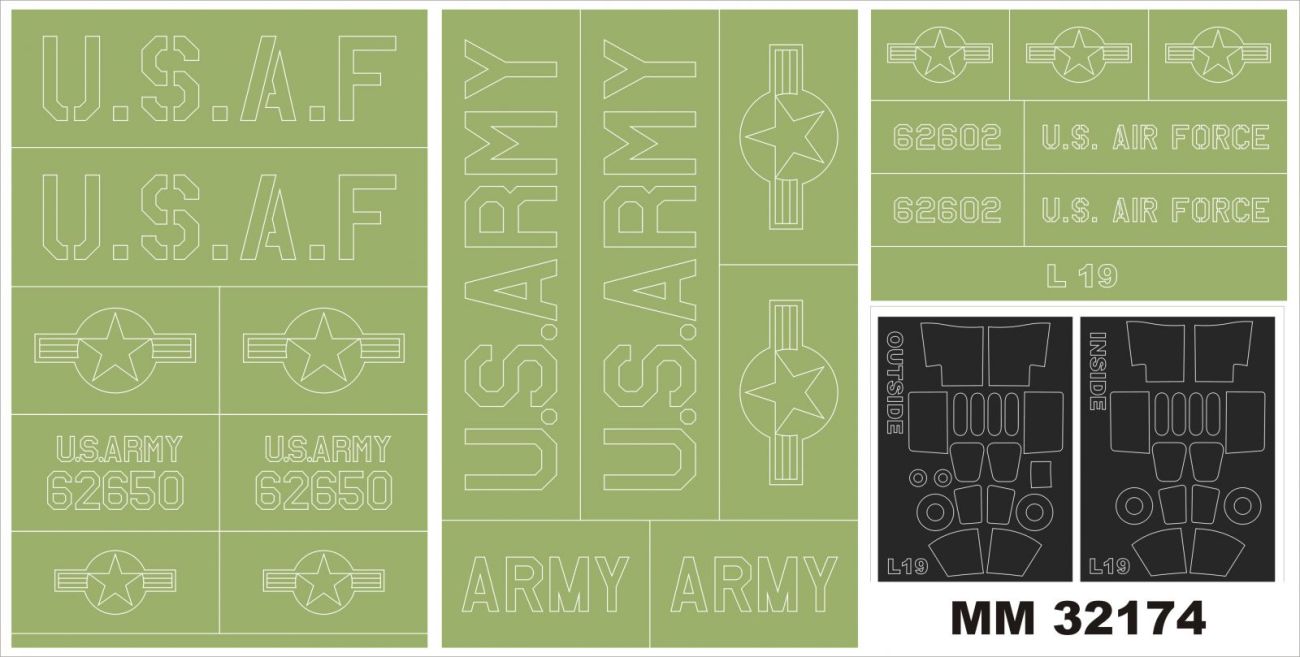 1:32 Cessna L-19/O-1 Bird Dog 2 canopy masks (inside and outside canopy frame mask) + insignia masks
