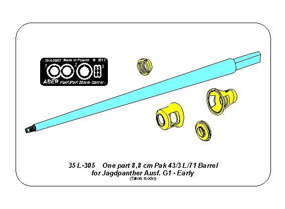 1:35 German 8,8cm One part Pak 43/3 L/71 barrel for Jagdpanther Ausf G1 early (Takom)