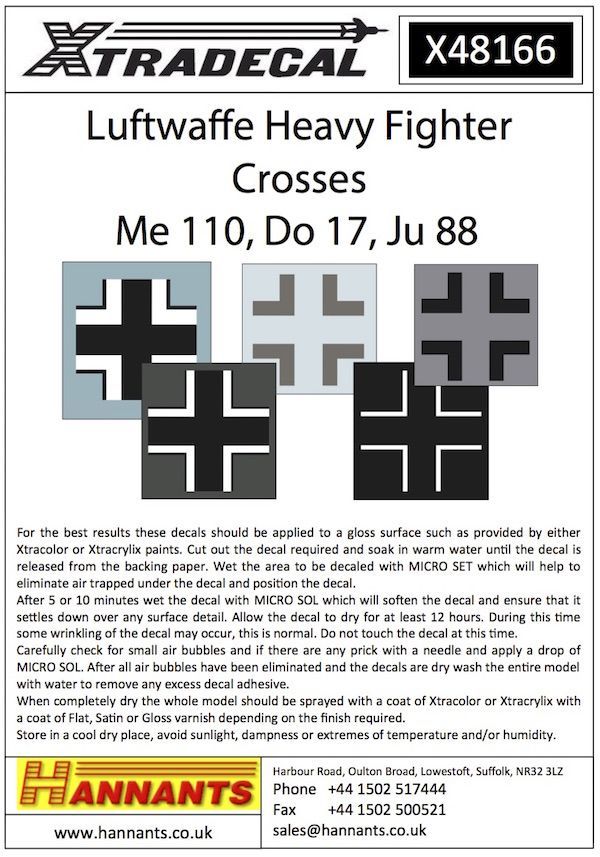 1:48 Luftwaffe Heavy Fighter Crosses for Junkers Ju-88 ; Dornier Do-17, Do 215 and Bf-110
