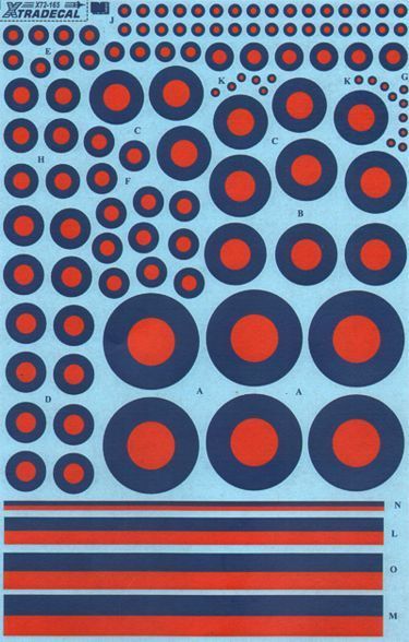 1:72 RAF Post War Red/Blue Tactical Roundels. 10 Roundel sizes, 4 Tail fin stripe sizes.