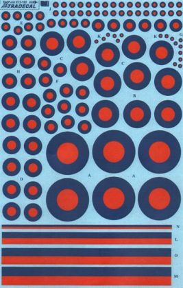 1:72 RAF Post War Red/Blue Tactical Roundels. 10 Roundel sizes, 4 Tail fin stripe sizes.