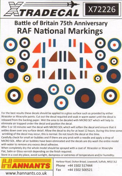 1:72 Supermarine Spitfire and Hawker Hurricane National Insignia Battle of Britain 1940