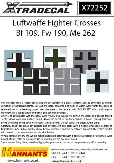 1:72 Luftwaffe Fighter Crosses for Messerschmitt Bf-109, Focke-Wulf Fw-190 and Me-262 etc.