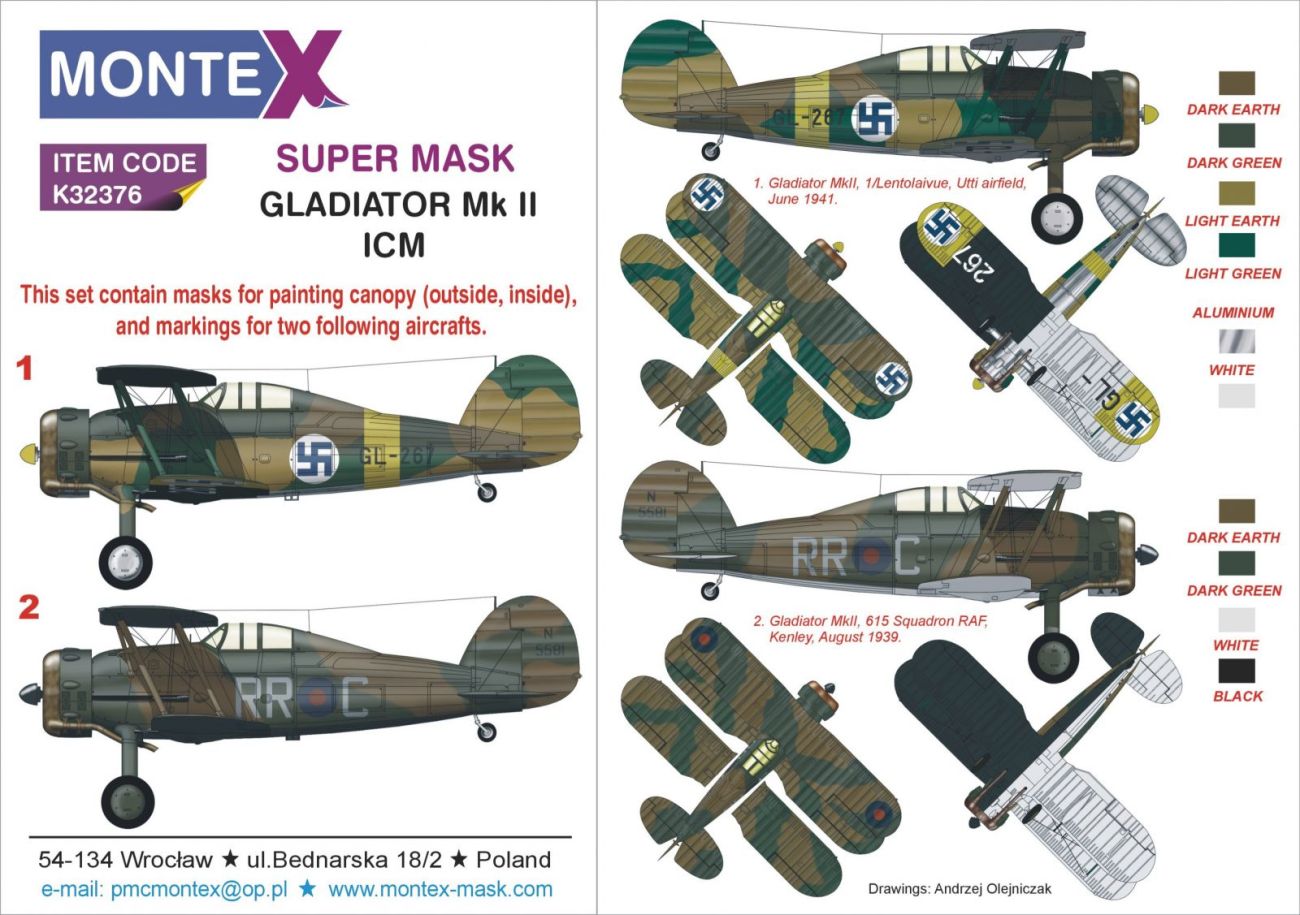 1:32 Gladiator Mk.II 2 canopy masks (outside & inside) + markings masks for 2 aircraft.RAF/Finland