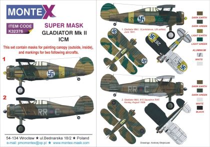 1:32 Gladiator Mk.II 2 canopy masks (outside & inside) + markings masks for 2 aircraft.RAF/Finland