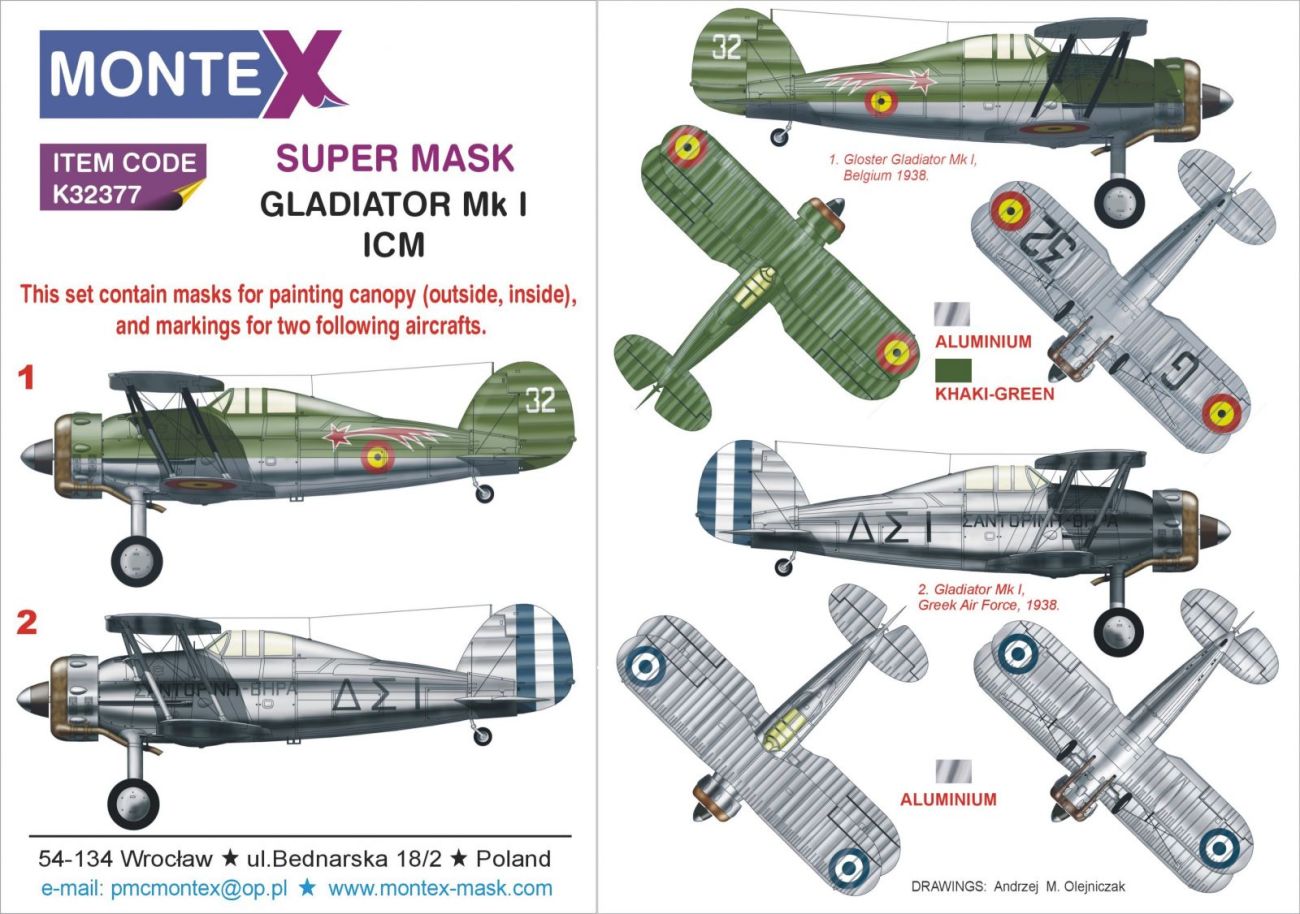 1:32 Gladiator Mk.I 2 canopy masks(outside & inside)+markings masks for 2 aircraft Greece and Spain