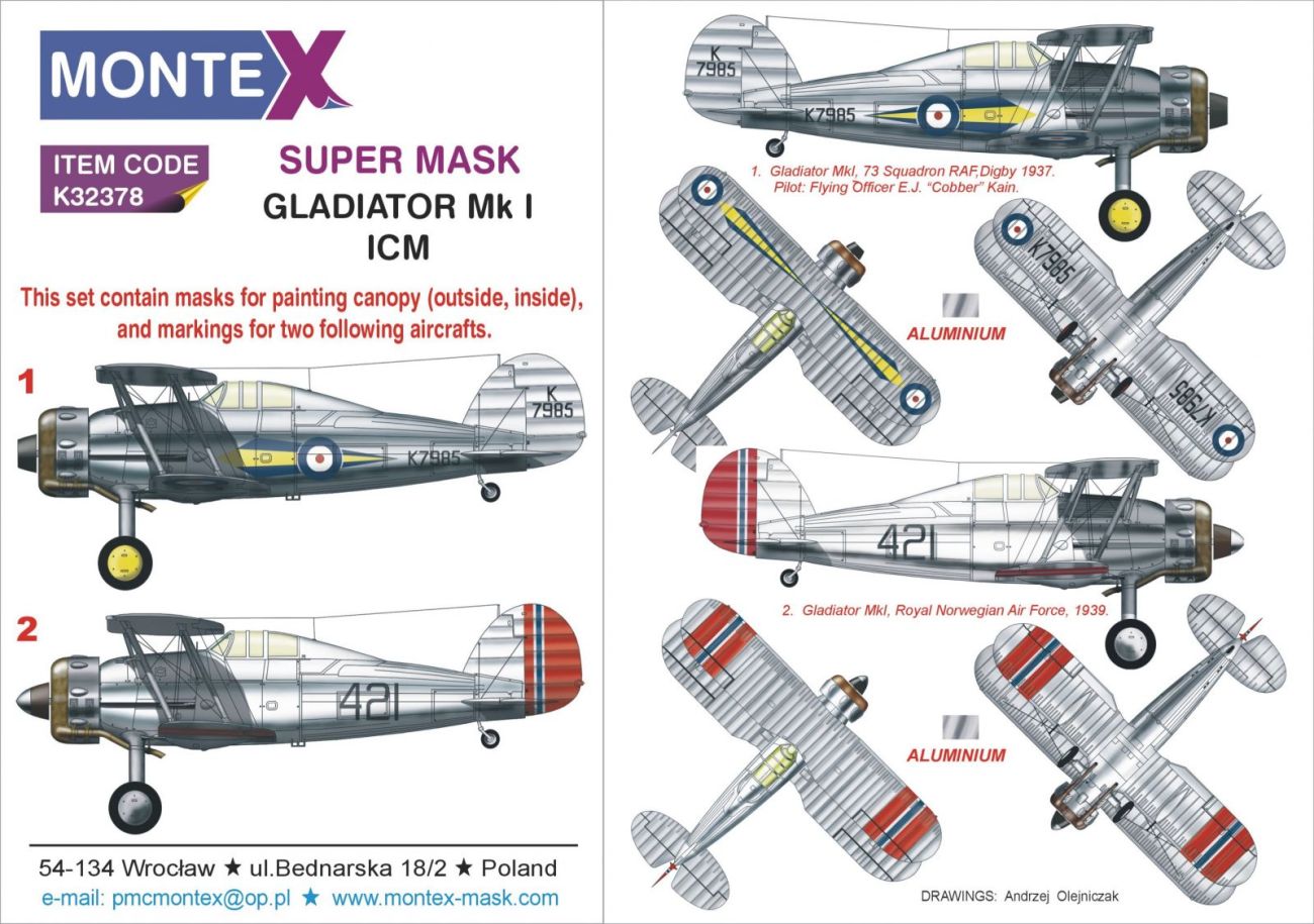 1:32 Gloster Gladiator Mk.I 2 canopy mask (outside & inside) + 2 markings masks RAF and Norway