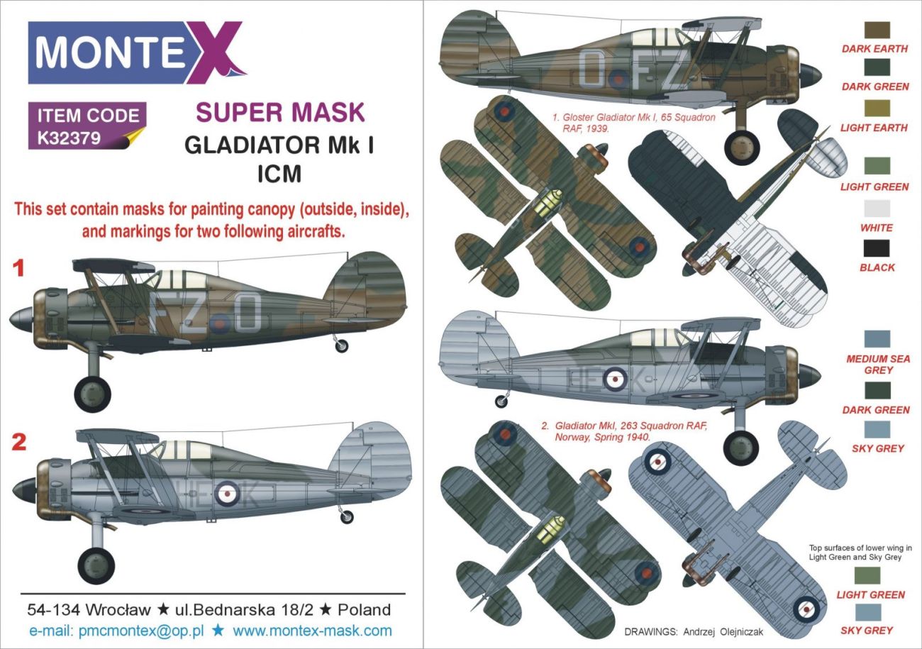 1:32 Gloster Gladiator Mk.I 2 canopy mask (outside & inside) + 2 markings masks RAF