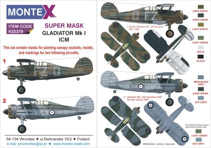 1:32 Gloster Gladiator Mk.I 2 canopy mask (outside & inside) + 2 markings masks RAF