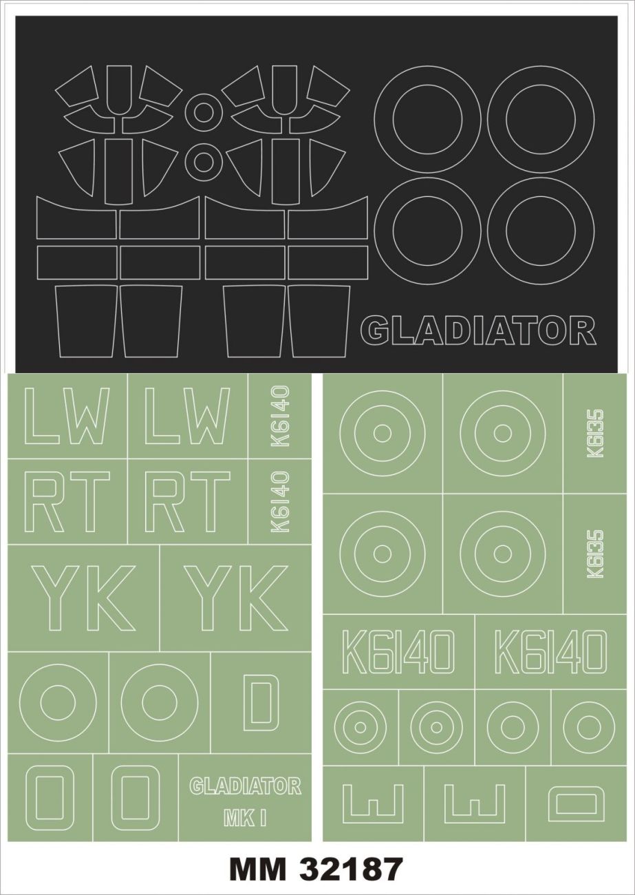 1:32 Gloster Gladiator Mk.I 2 canopy masks (outside & inside) + insignia and markings masks