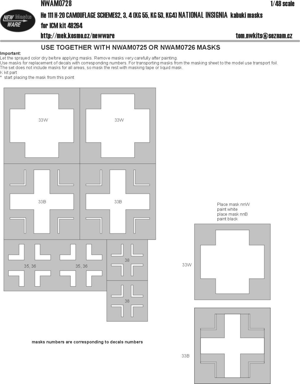 1:48 He-111H-20 camouflage schemes 2, 3, 4 (KG55, KG53, KG4) NATIONAL INSIGNIA kabuki masks