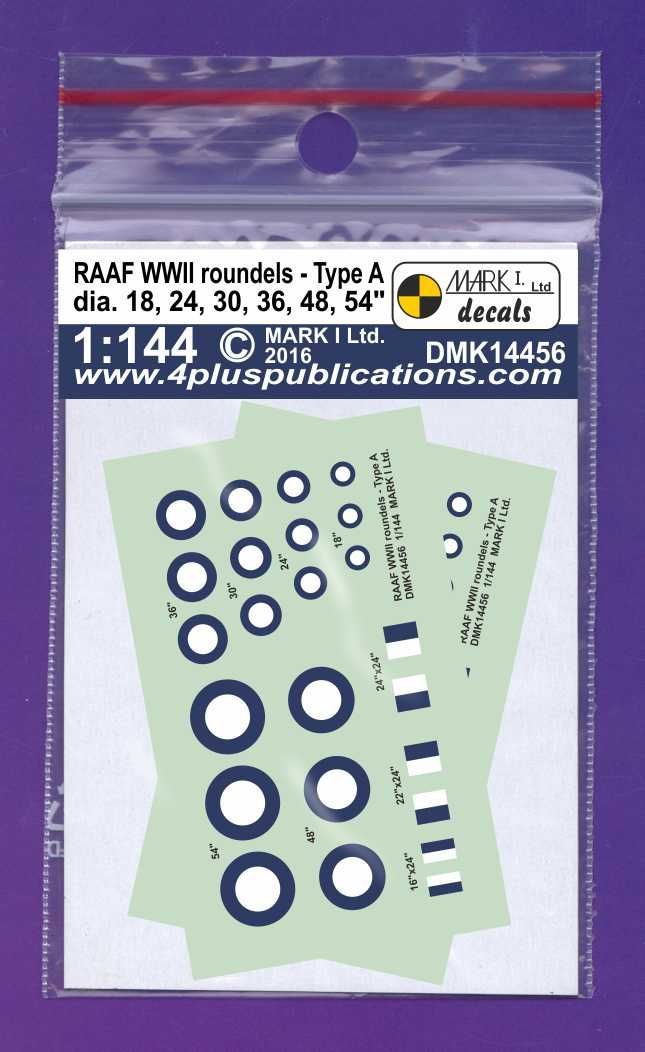 1:144 RAAF WWII roundels Type A (thin ring), 2 sets dia 18,24,30,36,48,54