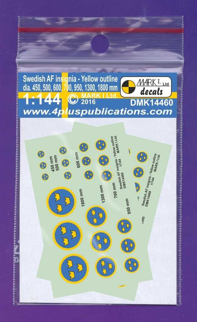 1:144 Swedish Air Force Insignia, Yellow outline (dia 450,500,600,700,950,1300,1800 mm), 2 sets