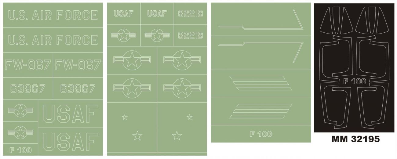 1:32 North-American F-100F Super Sabre 2 canopy masks (interior and exterior canopy masks) + 3 insig