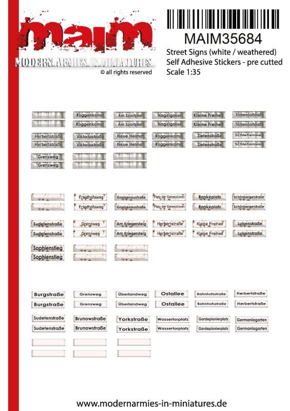 1:35 Street Signs (white / weathered) Self Adhesive Stickers - pre cutted