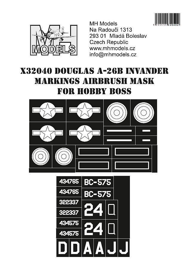 1:32 Douglas A-26B Invader Markings Airbrush mask for Hobby Boss
