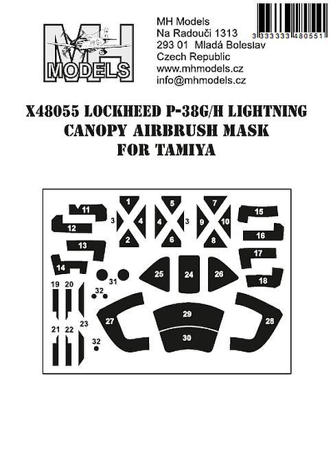 1:48 Lockheed P-38G/H Lightning canopy airbrush mask for Tamiya