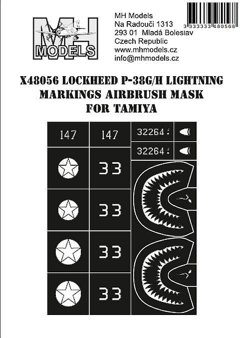 1:48 Lockheed P-38G/H Lightning markings airbrush mask for Tamiya