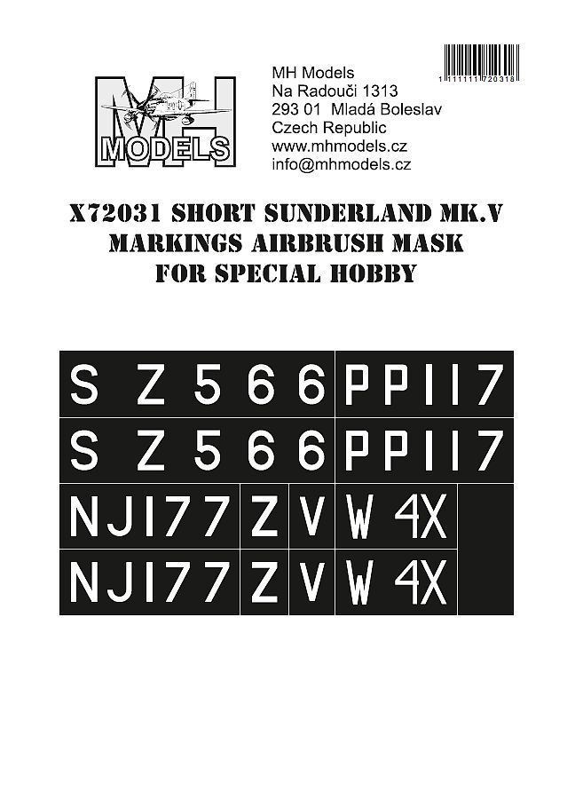 1:72 Short Sunderland Mk.V Markings airbrush mask for Special Hobby