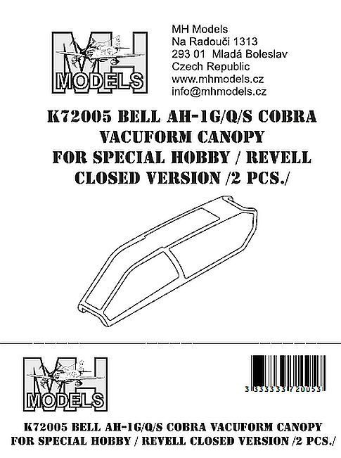 1:72 Bell AH-1G/Q/S Cobra vacuform canopy for Special Hobby/Revell closed version 2 pcs.