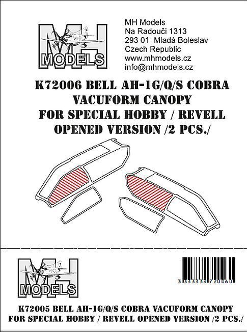 1:72 Bell AH-1G/Q/S Cobra vacuform canopy for Special Hobby/Revell opened version 2pcs.