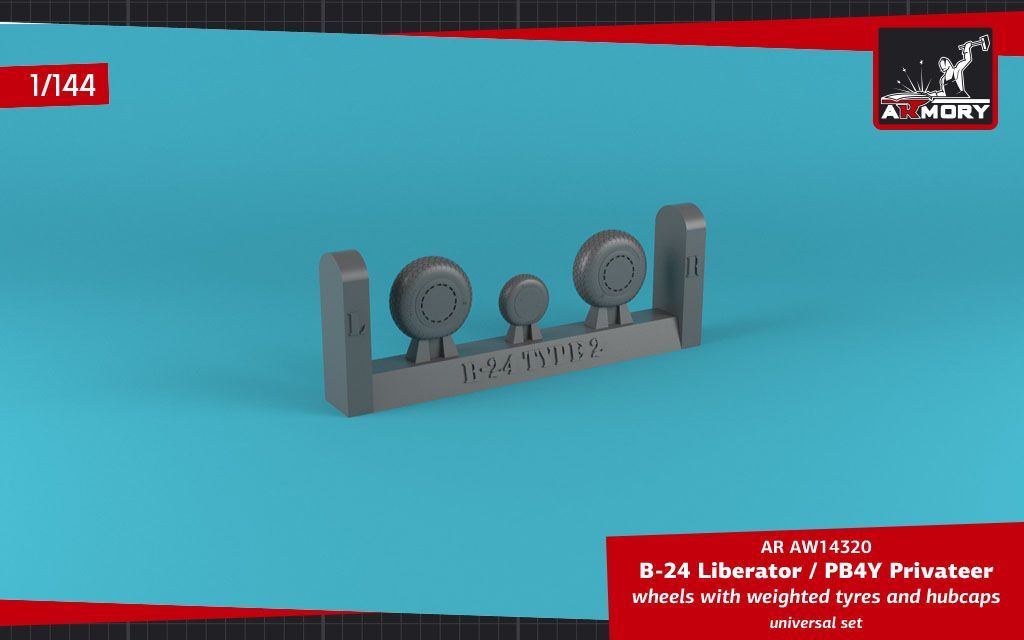 1:144 B-24 Liberator / PB4Y Privateer wheels w/ weighted tires, cross thread (FS) & hubcaps