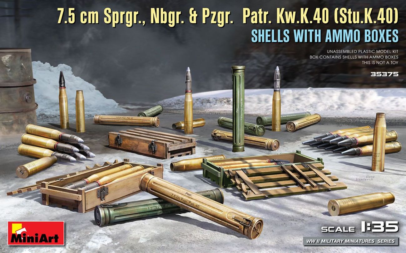 1:35 7.5 cm Sprgr., Nbgr. & Pzgr. Patr. Kw.K.40 (Stu.K.40) SHELLS WITH AMMO BOXES