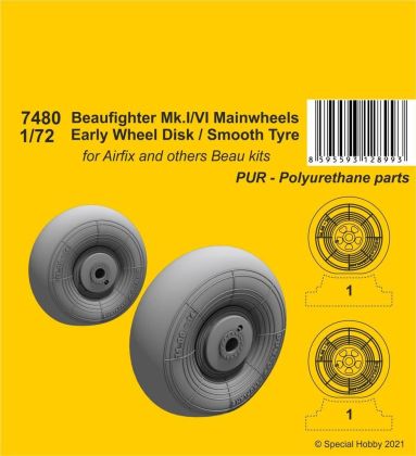 1:72 Beaufighter Mk.I/VI Mainwheels - Early Wheel Hub / Smooth Tyre