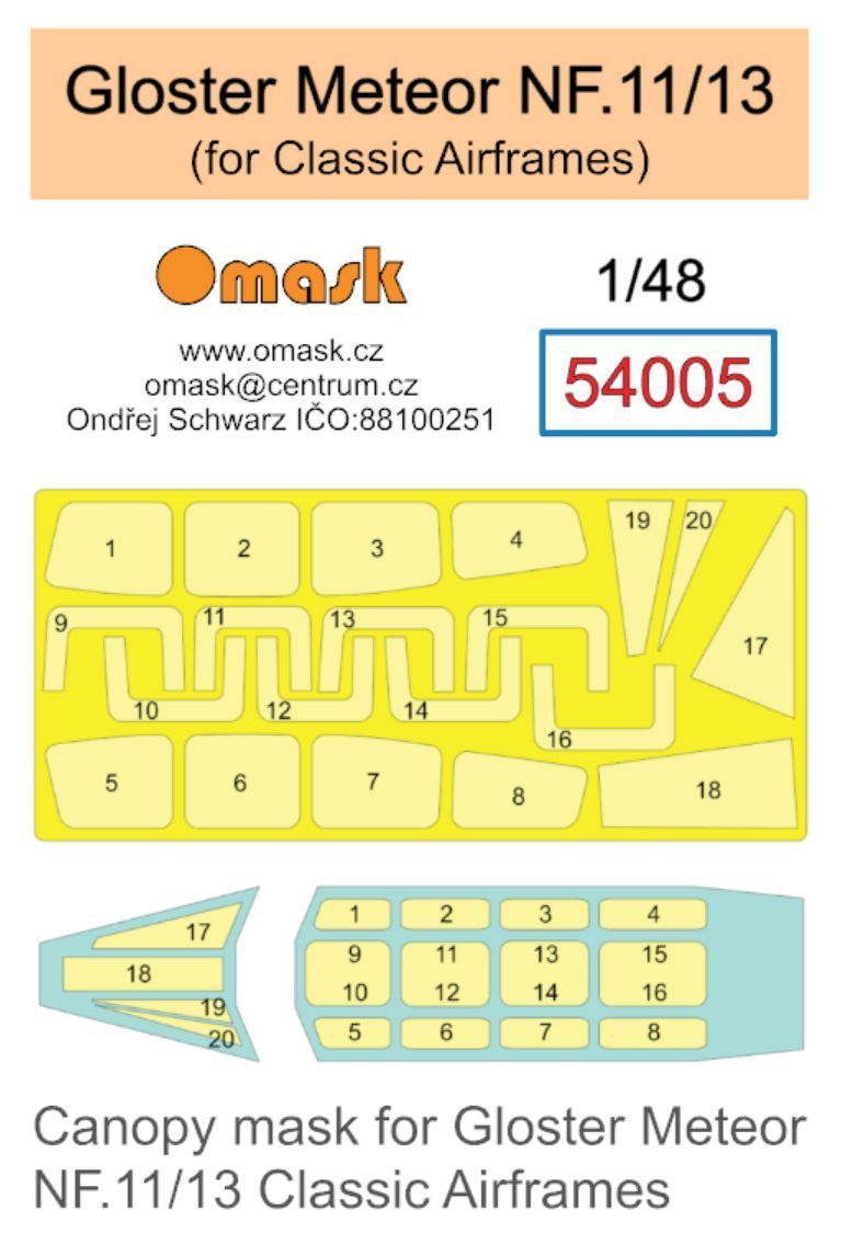 1:48 Gloster Meteor NF.11/13 canopy mask (for Classic Airframes)