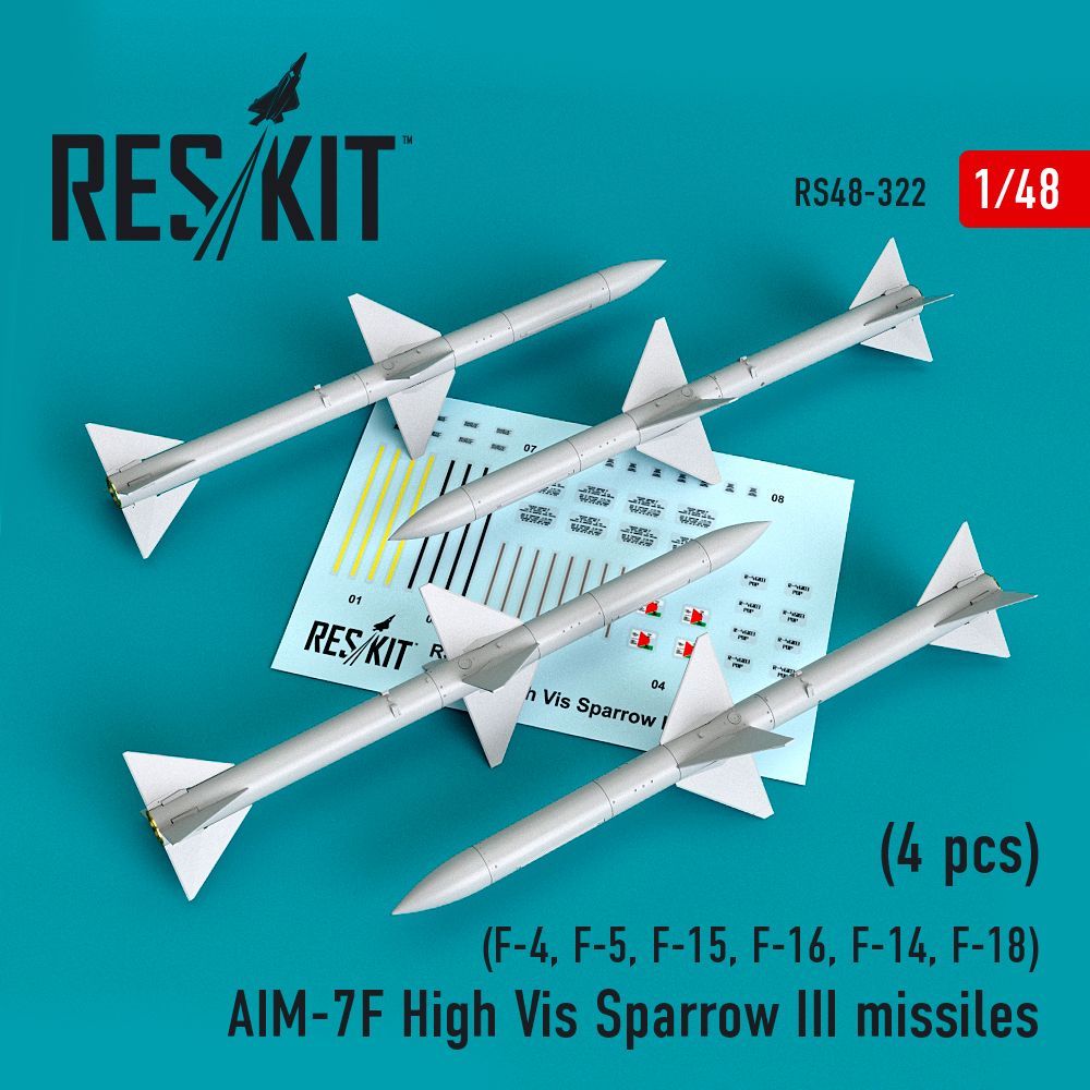 1:48 AIM-7F High Vis Sparrow III missiles (4pcs) (F-4, F-5, F-15, F-16, F-14, F-18)