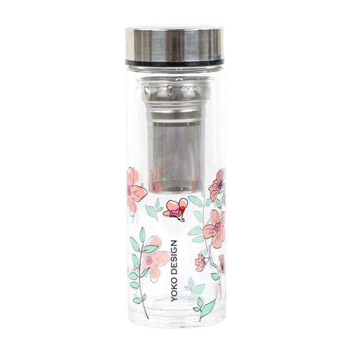 Yoko Design skleněná láhev se sítkem na čaj - růžová 350 ml