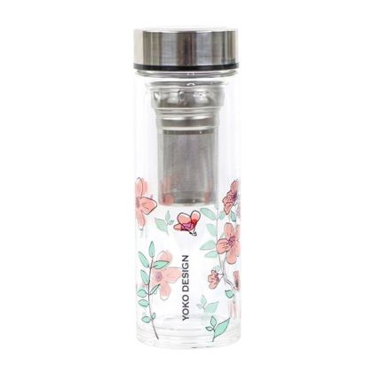 Yoko Design skleněná láhev se sítkem na čaj - růžová 350 ml