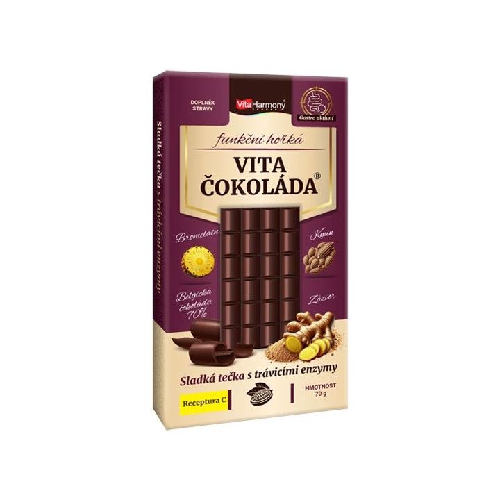 VitaHarmony Funkční VitaČokoláda Receptura C (bromelain, kmín, zázvor) hořká, 70g