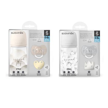 SUAVINEX | SADA LÁHEV 270ml + dudlík fyziologický 0/6m + klip JOY - stříbrná
