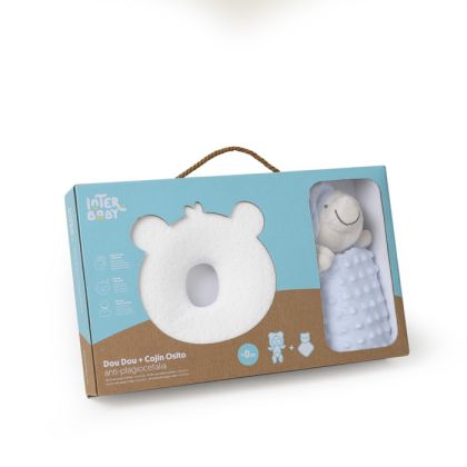 INTERBABY | SET MÉĎA - ergonomický polštářek + přítulka - modrý