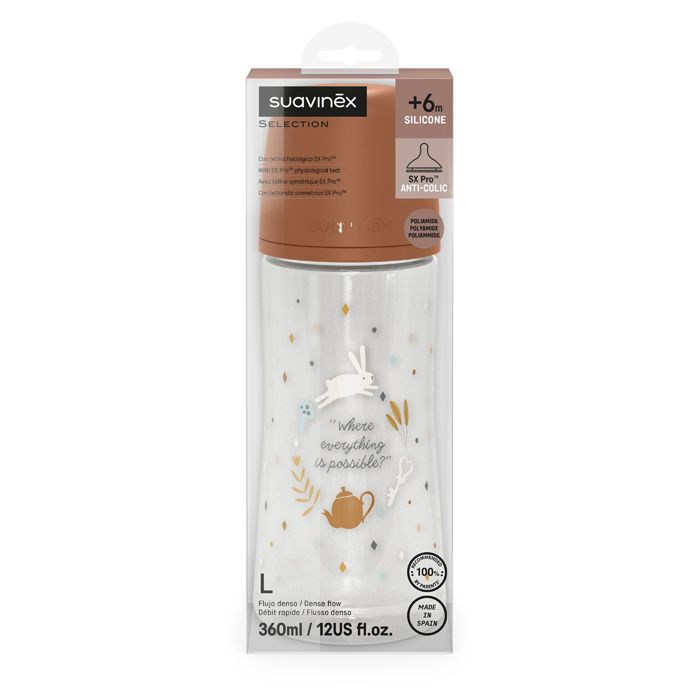 SUAVINEX | Kojenecká láhev WONDERLAND 360ml FYZIOL PRŮTOK L - HNĚDÁ