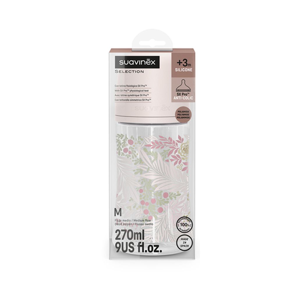 SUAVINEX | Kojenecká láhev POETRY 270ml FYZIOL PRŮTOK M - růžová