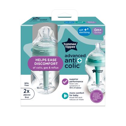 Tommee Tippee ADVANCED ANTI-COLIC Samosterilizační Kojenecká Lahev Pomalý Průtok 260 ml 0m+, 2 ks
