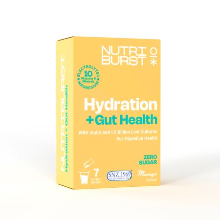 Nutriburst Elektrolyty Gut Health hydratační nápoj s vitamíny, příchuť manga, 7 ks
